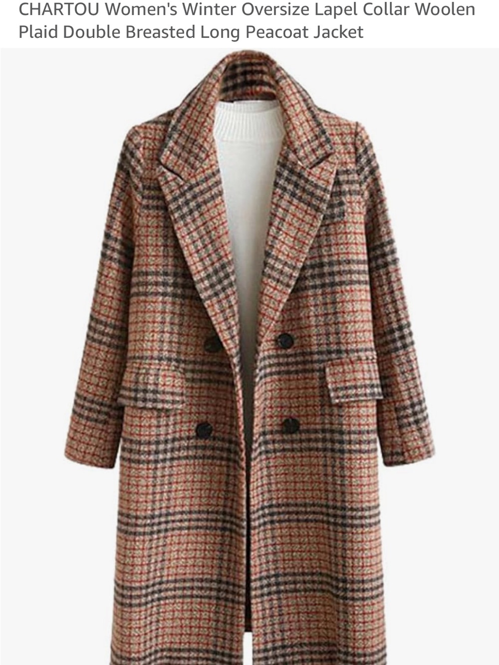 Plaid Double-Breasted Long Peacoat - Brown Plaid